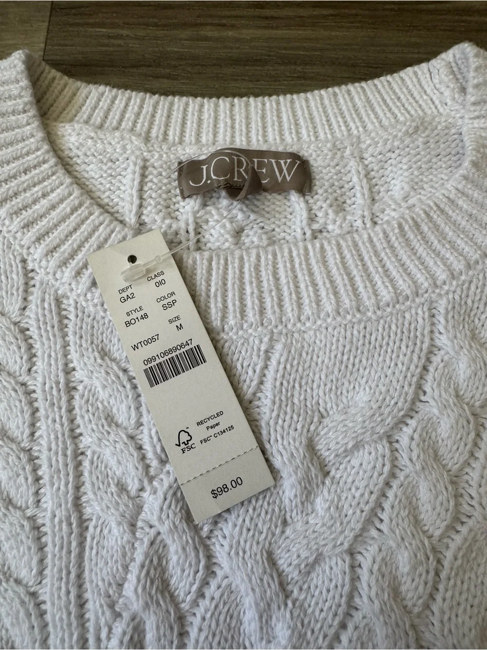 NWT J. Crew Diagonal Cable Knit Sweater in Salt Spray White Cotton Size Medium